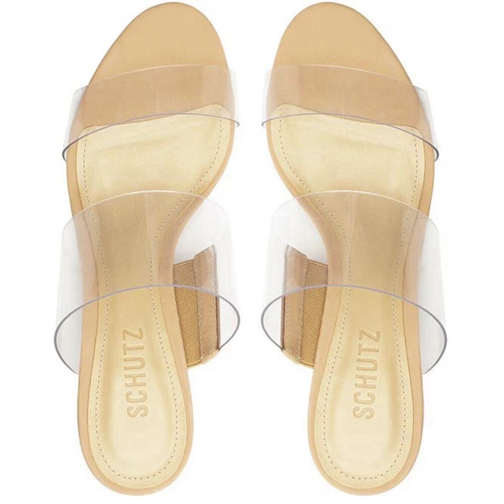 SCHUTZ 11 Clear Chunky Strap Sandals Block Heel Minimalist Leather Vinyl Slides - Picture 2 of 9